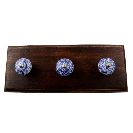 Blue Flower Ceramic Floral Wooden Hook
